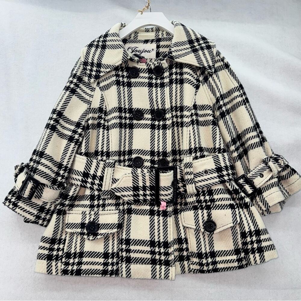 EUC Double Breasted Wool Blend Peacoat Joujou Large White & Black Plaid